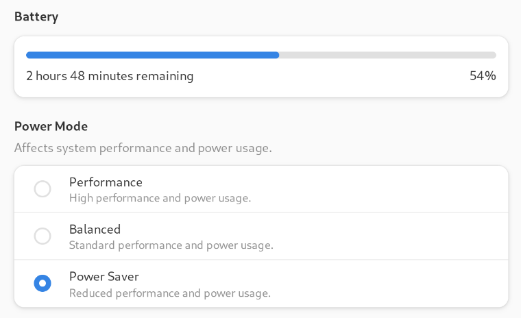 Screenshot of battery settings in Fedora Linux, showing 2 hours and 48 minutes remaining at 54% charge. Power mode is set to “Power Saver”.