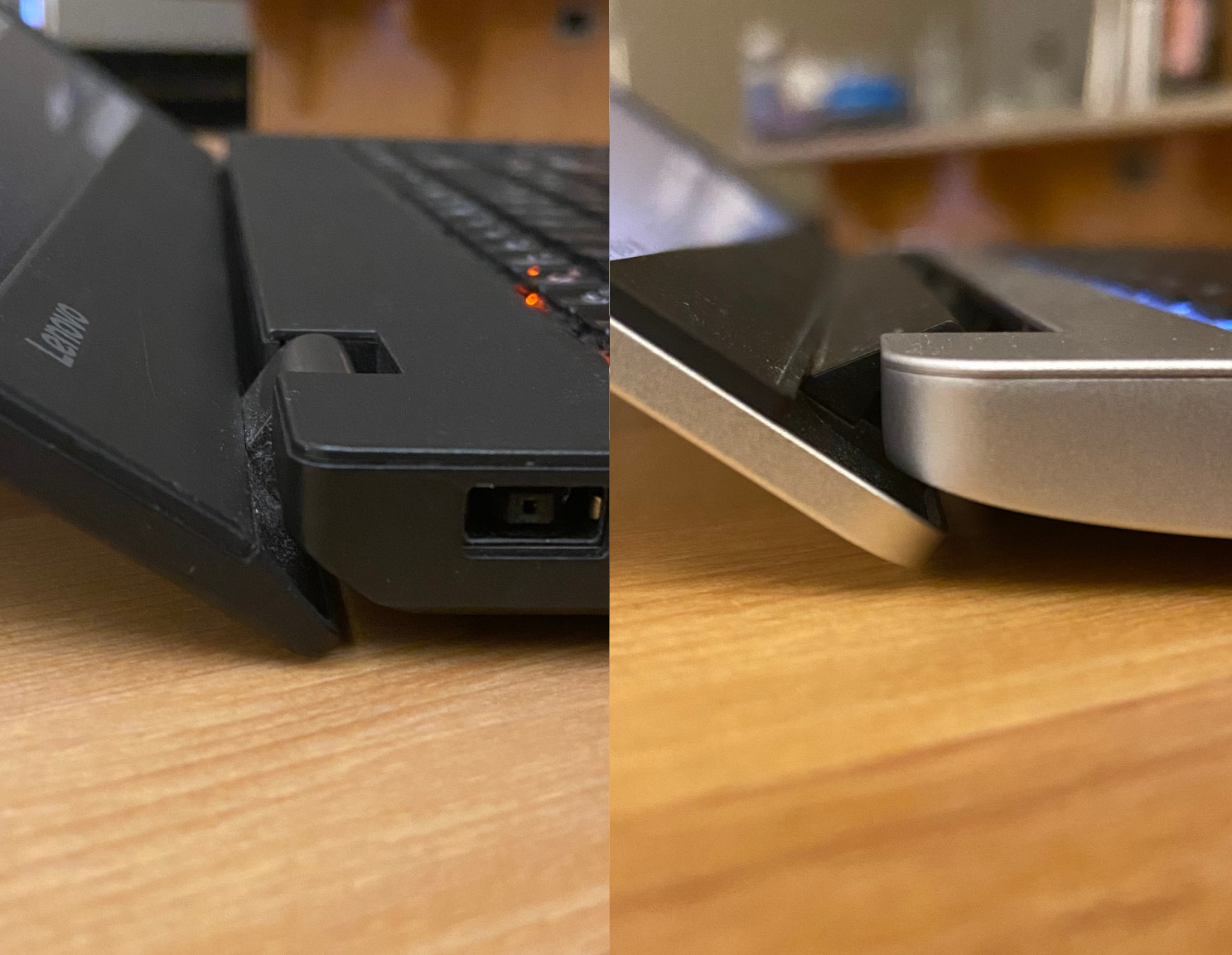 Closeup views of the lid and hinge on both a Thinkpad T560 and the Framework Laptop 13.