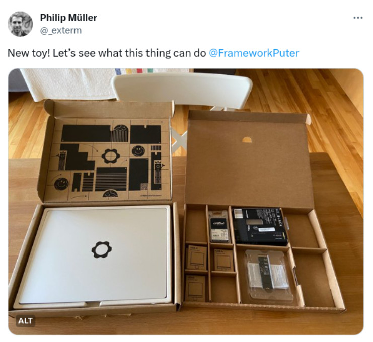 A tweet from 2022 showing my newly unboxed Framework laptop and the comment “New toy! Let’s see what this thing can do”.